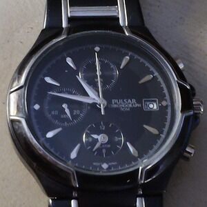 Pulsar Chronograph Watch Men 6.25in Black Silver 50M Alarm Date V654-X002 Quartz